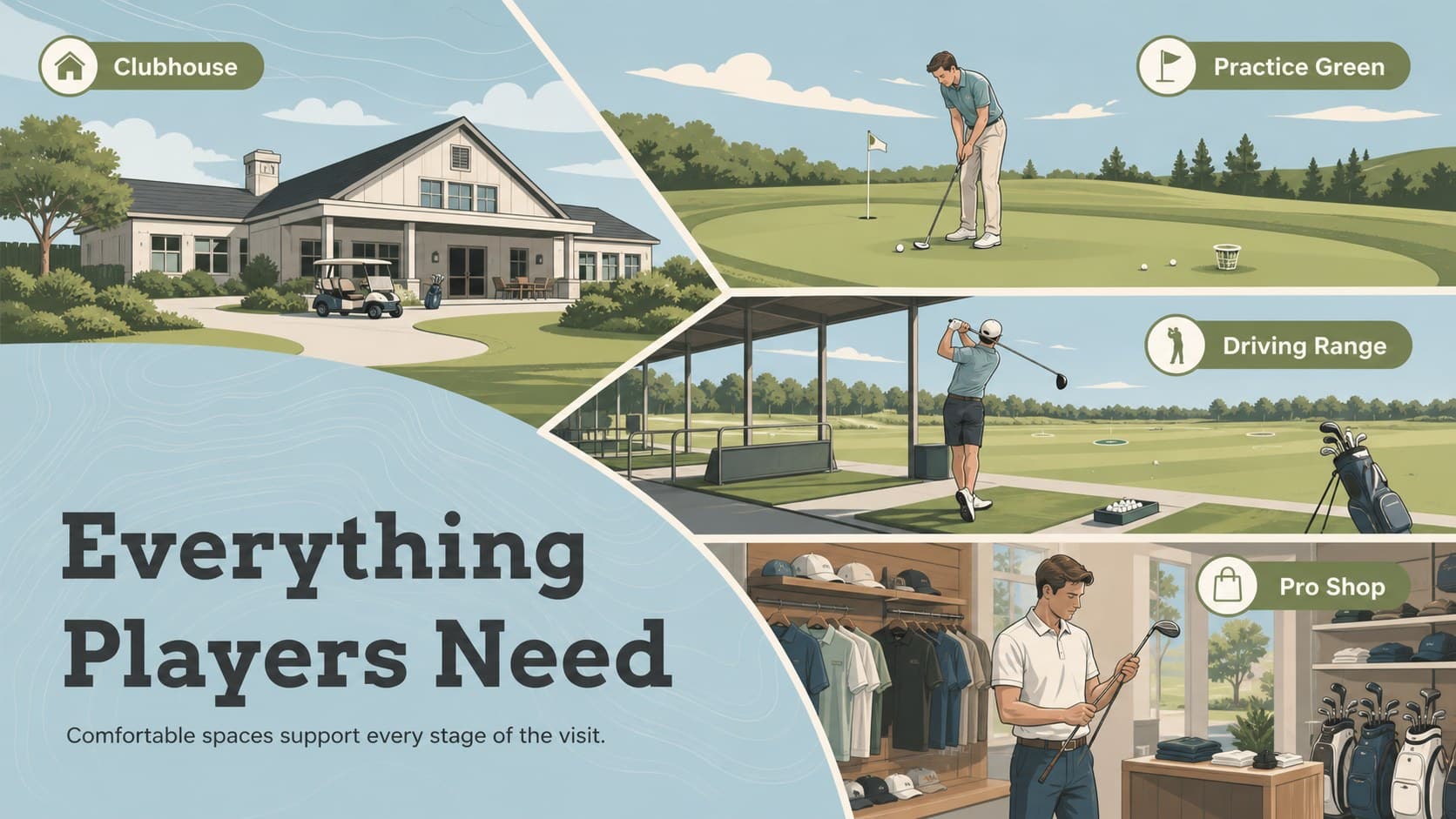 Golf course facilities presentation slide showing a clubhouse, practice green, driving range, and pro shop.