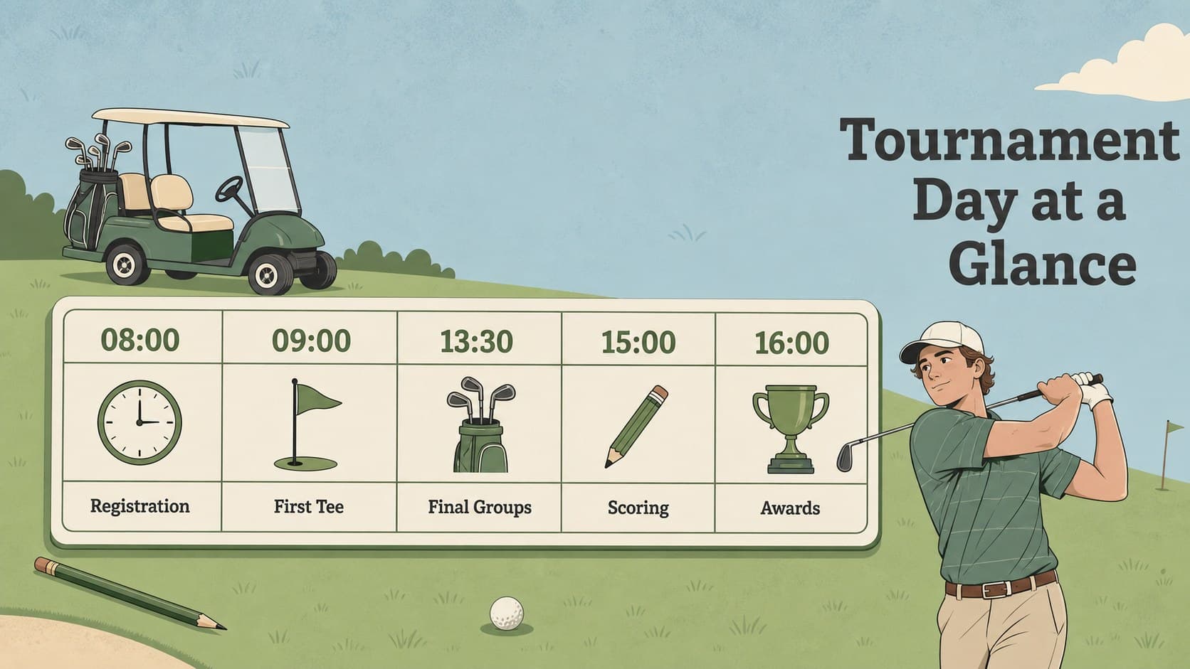 Golf tournament planning slide with registration, tee times, competition, scoring, and awards milestones.