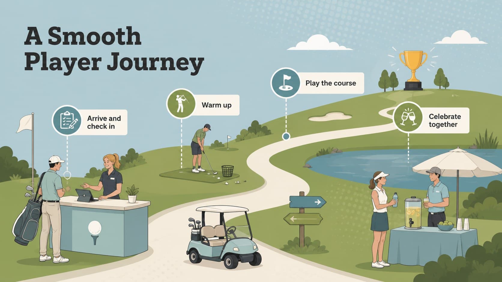 Illustrated golf event presentation showing a four-step player journey from arrival to awards.