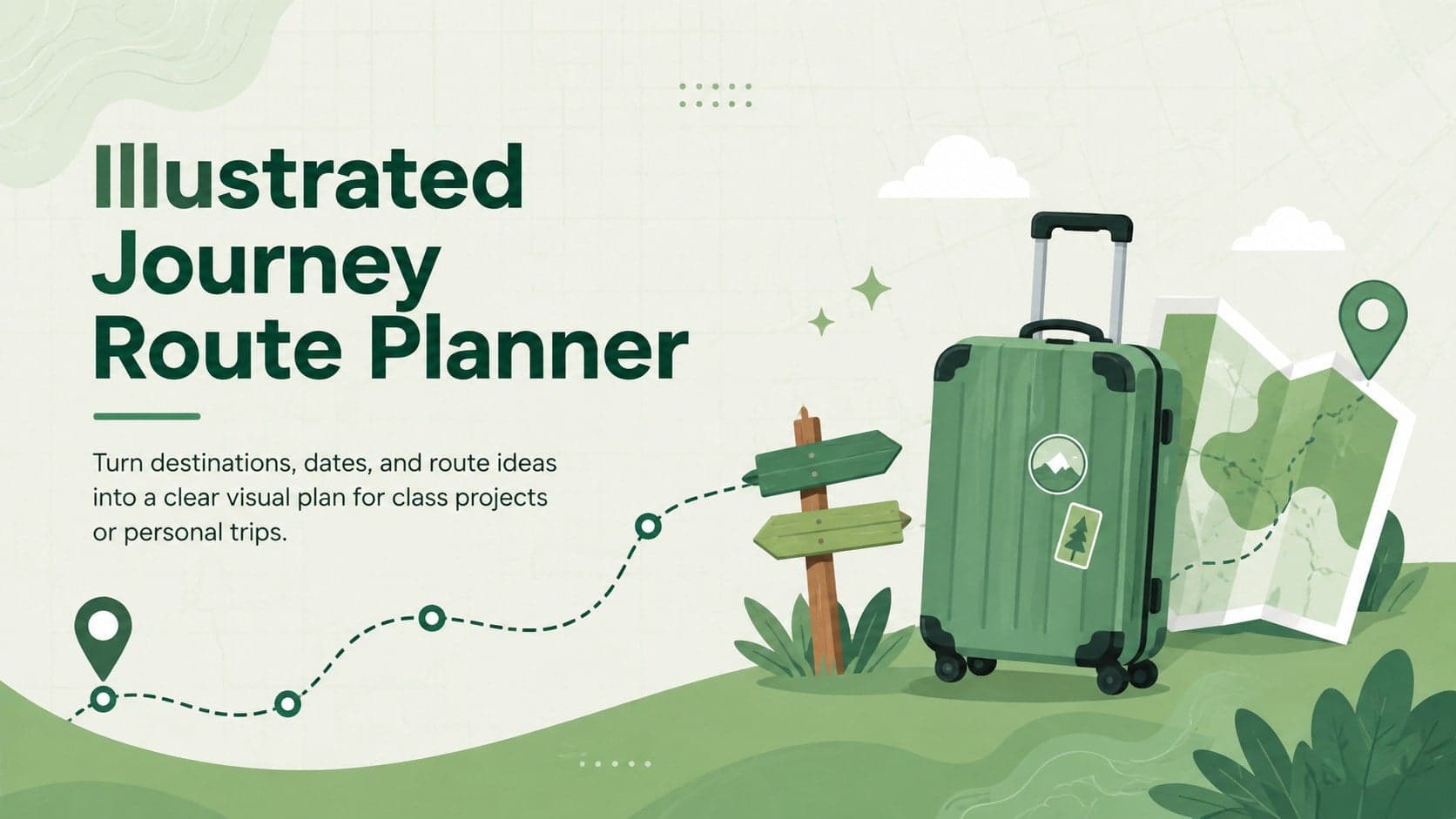 Green illustrated journey route planner cover with playful destination and navigation graphics.