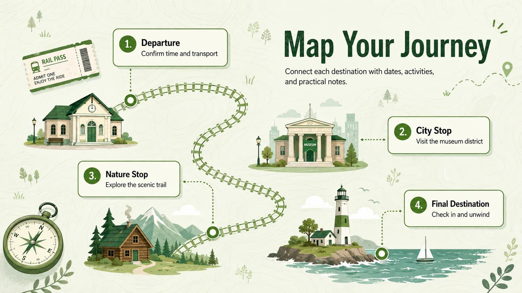 Editable travel route infographic showing four destination stops along a curved green journey path.