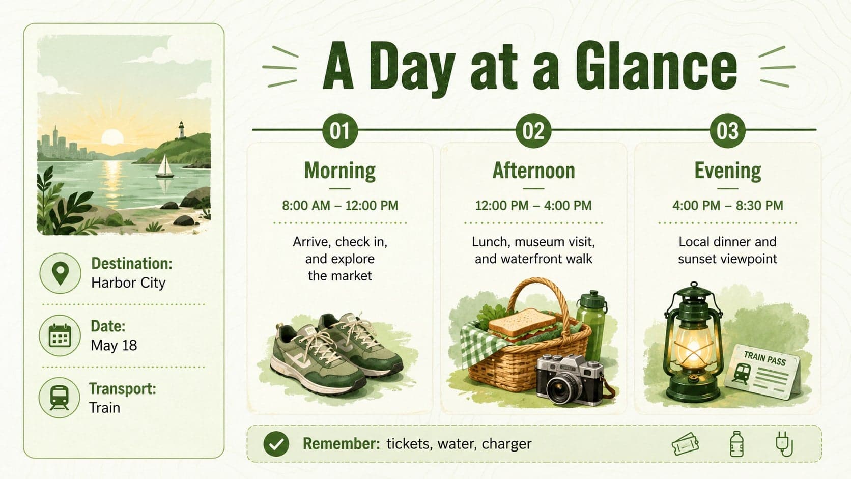 Visual vacation schedule slide with morning, afternoon, and evening plans in a green illustrated layout.