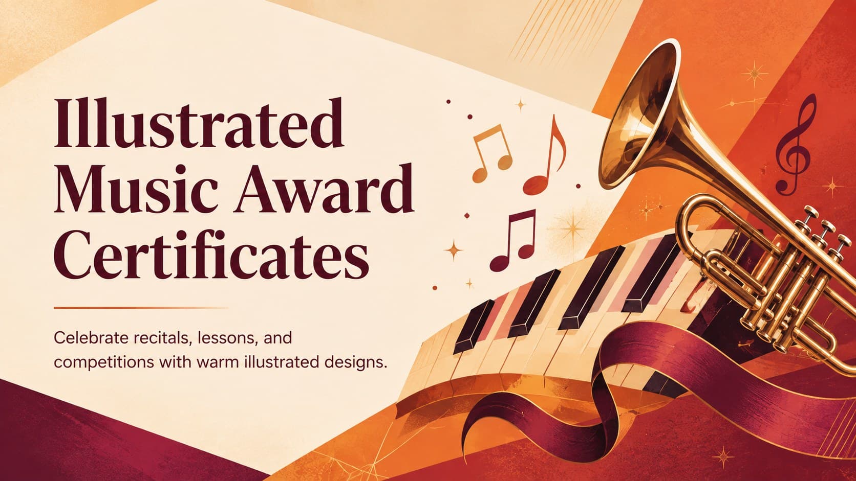 Cover preview for illustrated music award certificates with warm instrument artwork in red, orange, and brown.