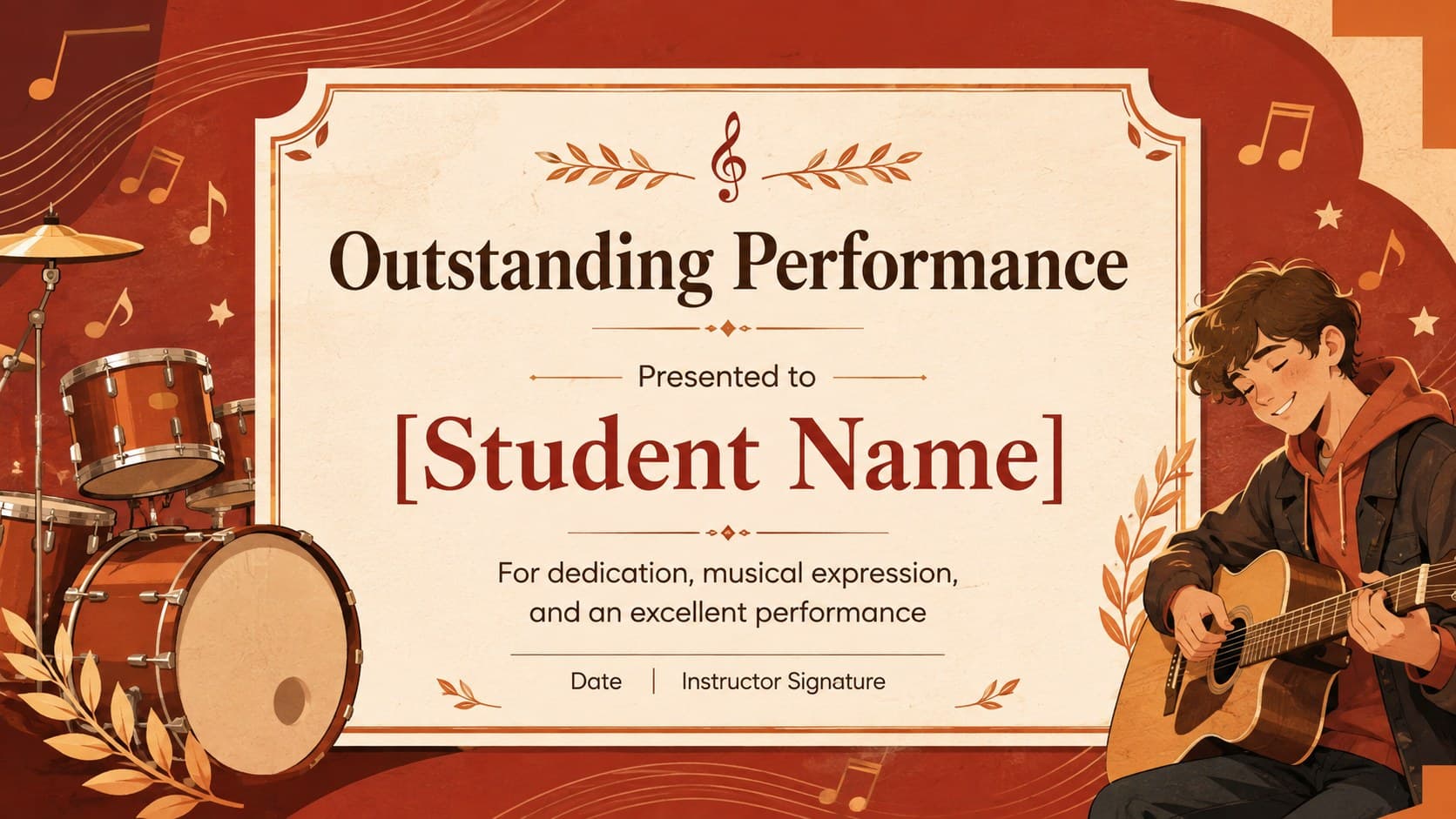 Outstanding performance certificate slide with illustrated music notes and editable student recognition details.