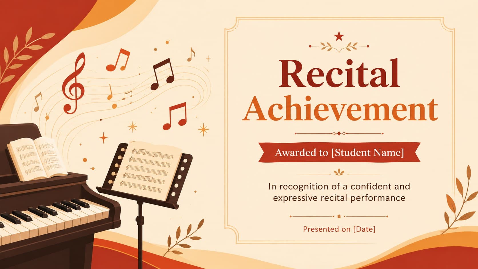 Piano recital award template featuring keys, a music stand, and warm illustrated certificate details.