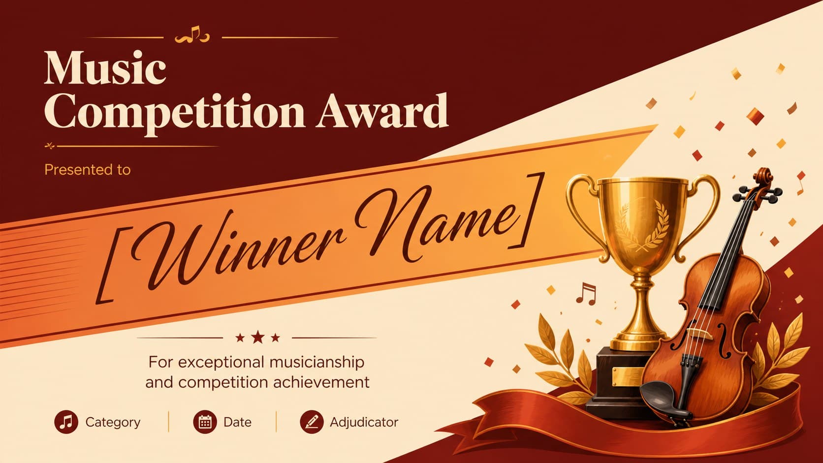 Music competition winner certificate with a trophy, string instrument, and bold red and orange accents.