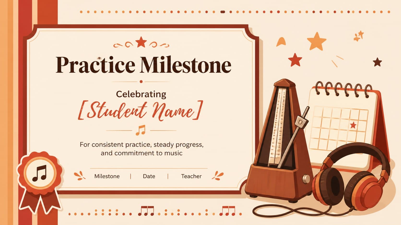 Practice milestone music certificate with a metronome, calendar, and encouraging achievement message.