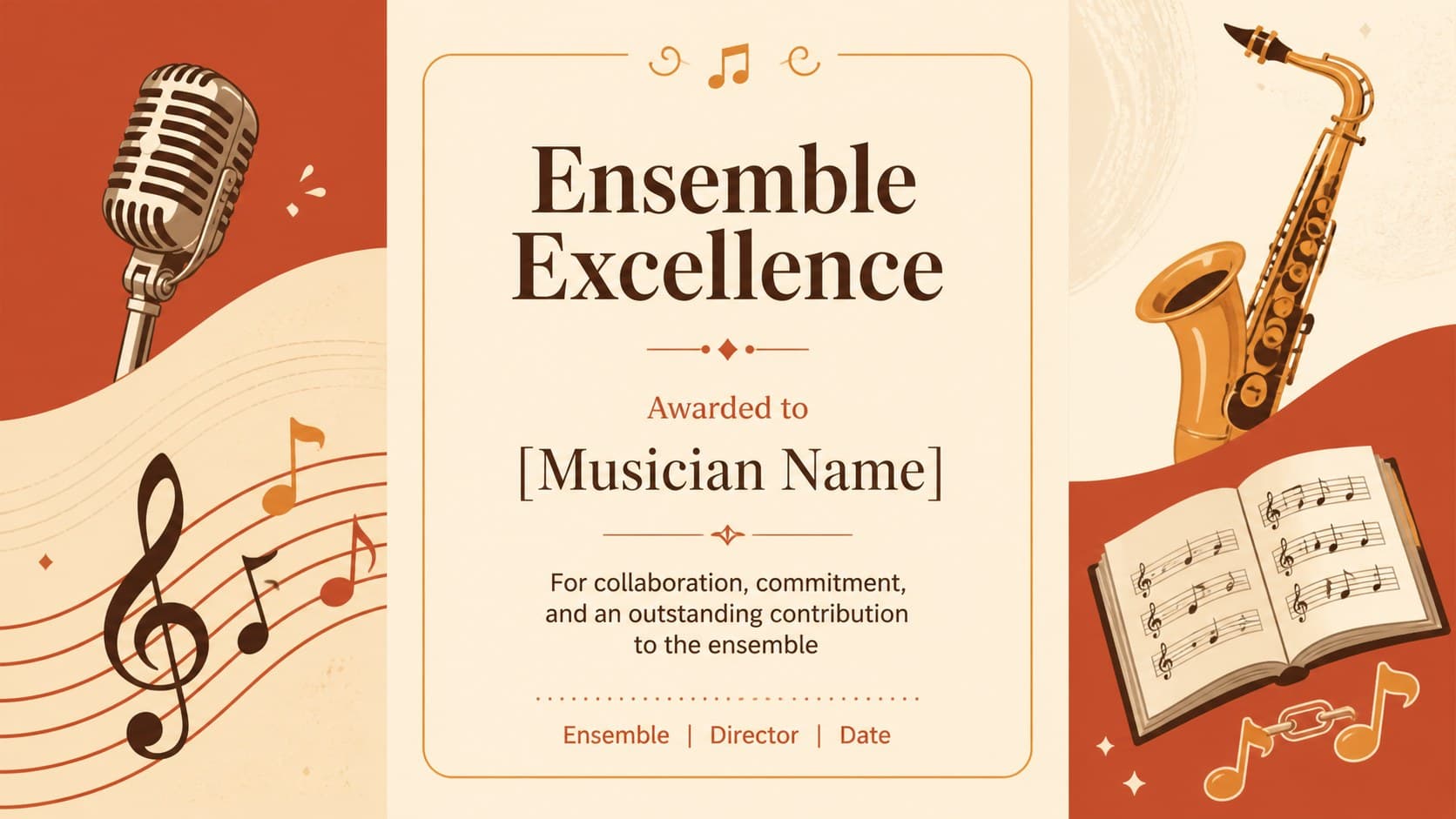 Ensemble excellence award certificate with choir, band, and teamwork-inspired musical illustrations.