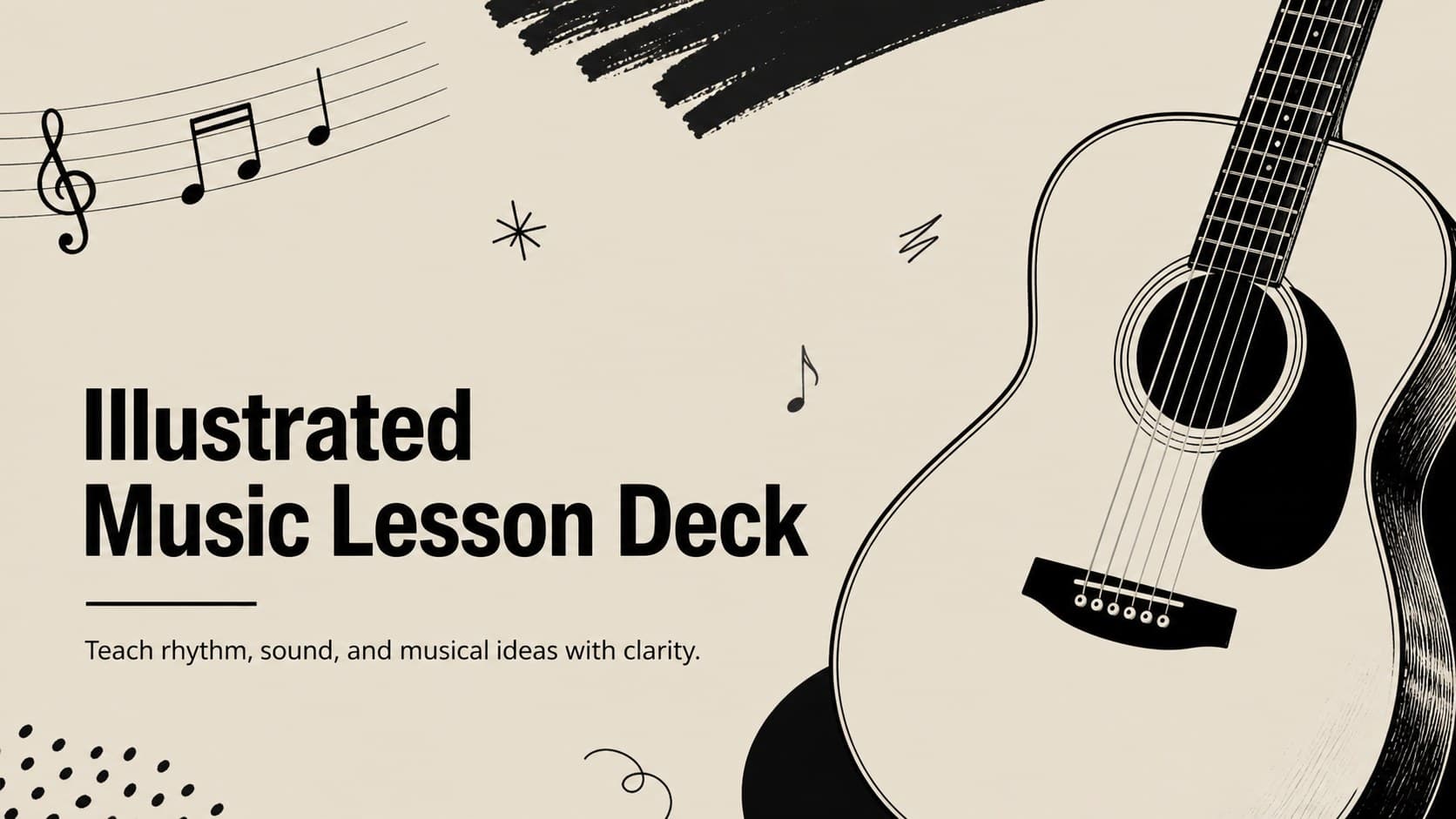 Cover slide for an illustrated music lesson deck with hand-drawn musical symbols on a beige and black background.