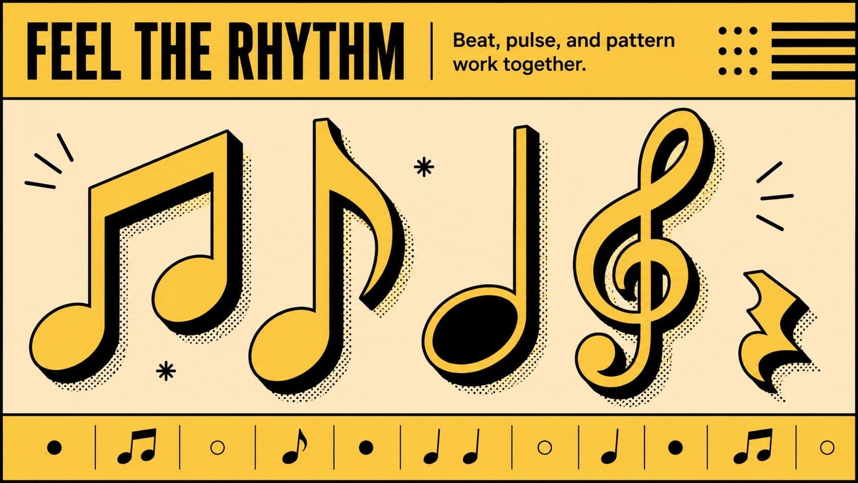 Music theory slide introducing rhythm with illustrated notes and timing markers.