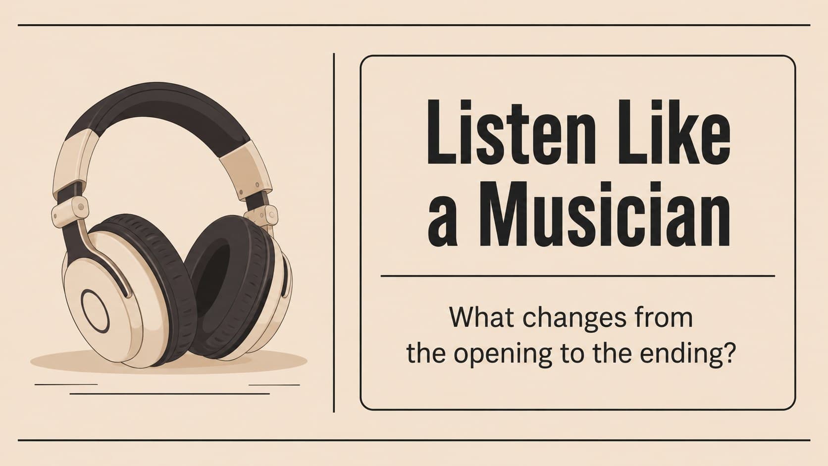 Music listening activity slide with a structured prompt and illustrated headphones.
