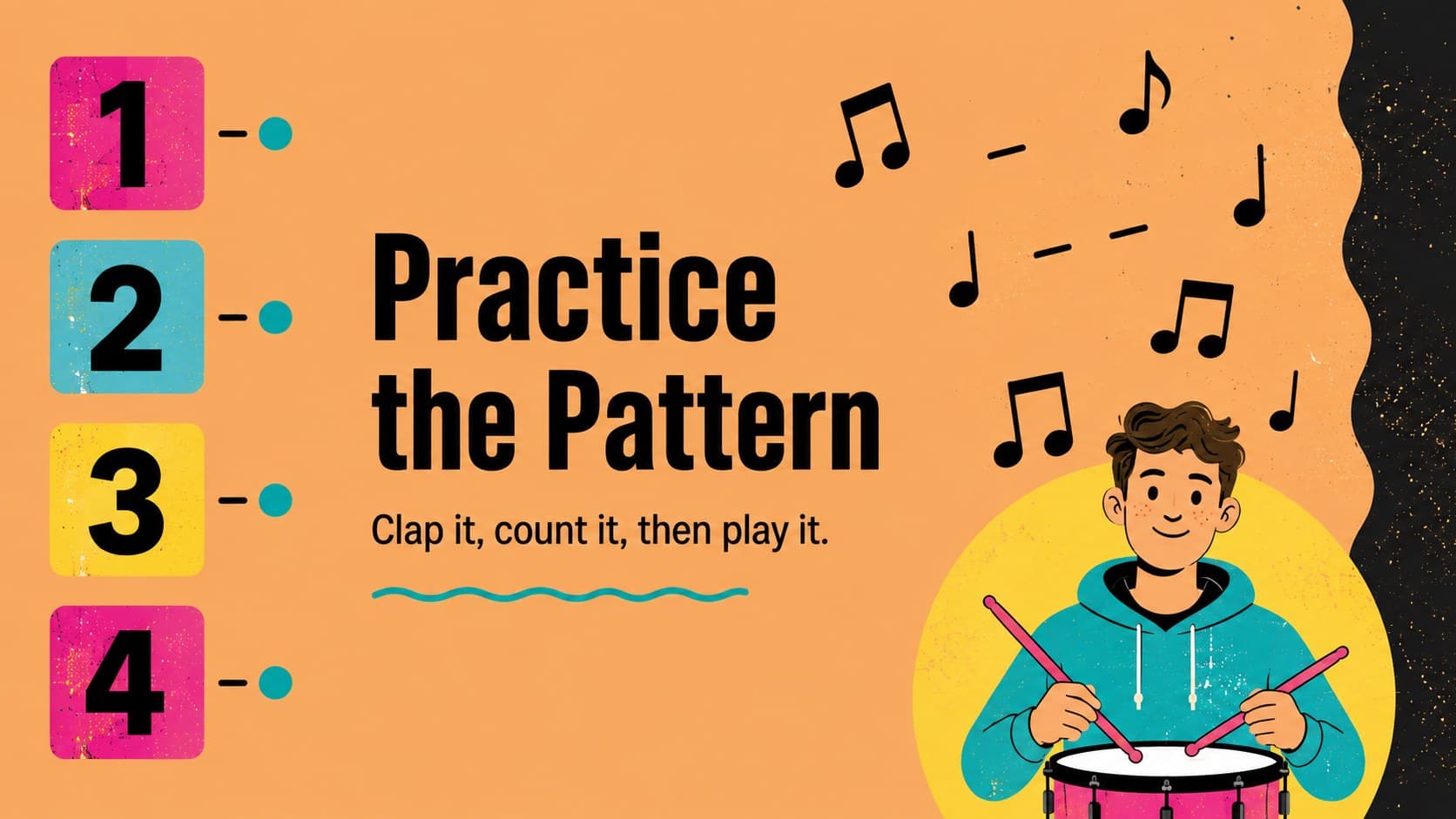 Rhythm practice slide featuring a beat exercise and bold illustrated notation.