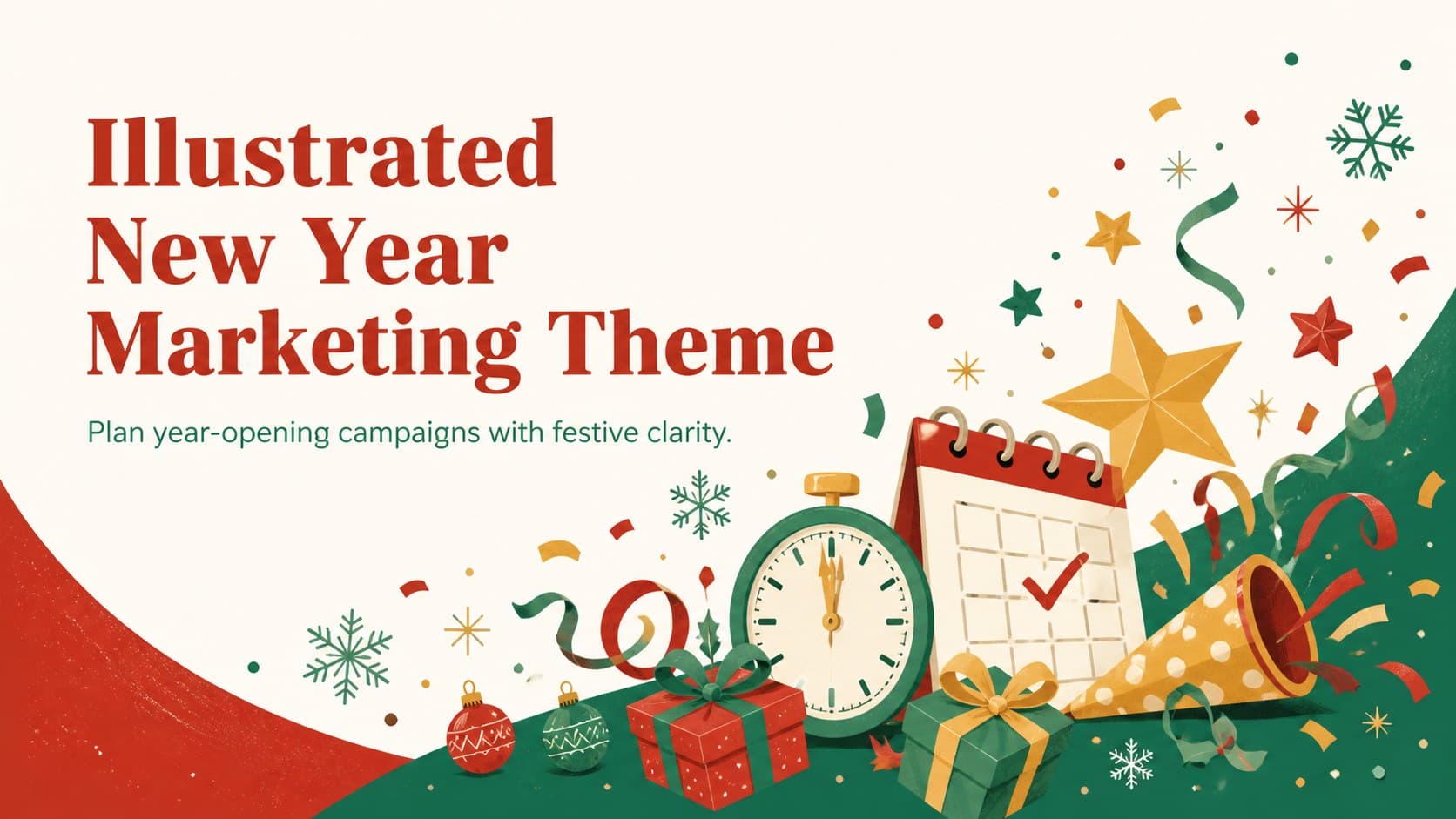 Cover for an Illustrated New Year Marketing Theme with festive red and green artwork, ribbons, and winter accents.