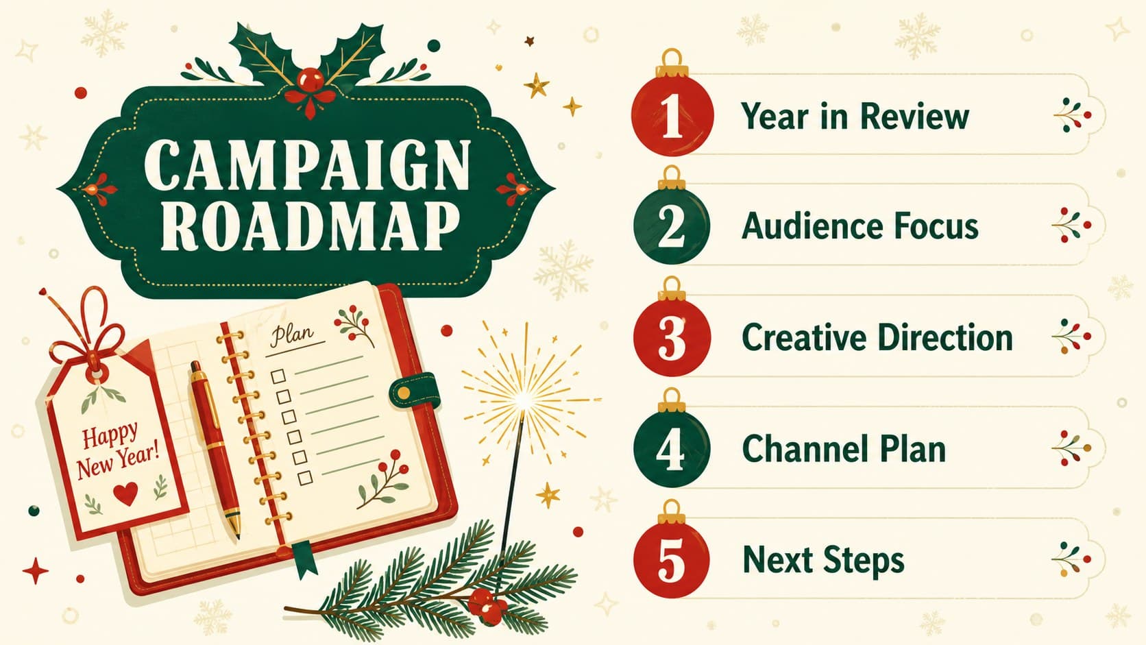 Agenda slide for a festive New Year marketing presentation showing five campaign planning sections.