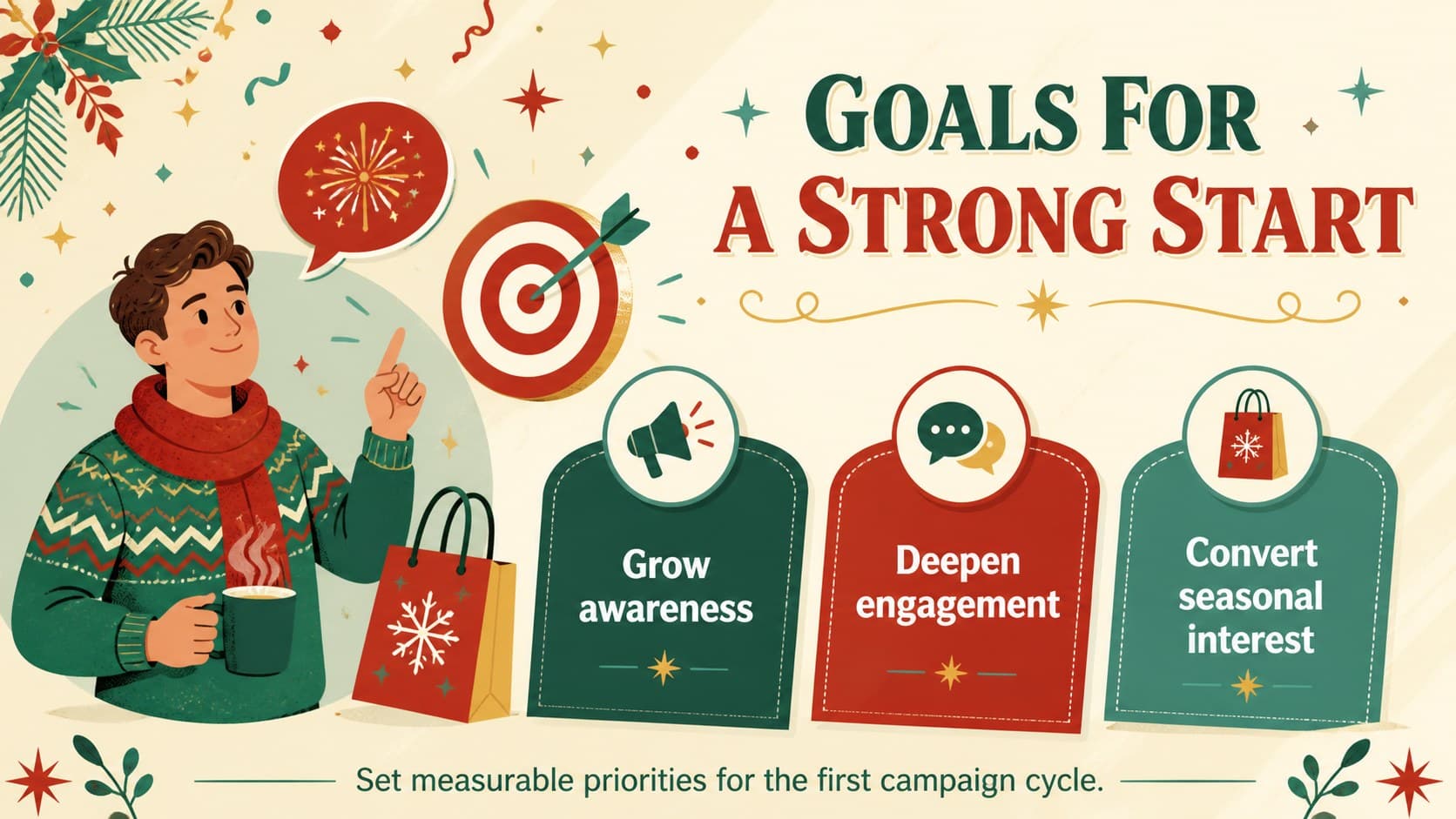 New Year campaign goals slide with three illustrated objectives for awareness, engagement, and sales.