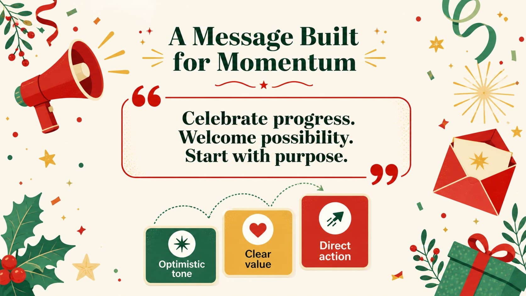 Illustrated holiday business slide presenting a concise New Year campaign message framework.
