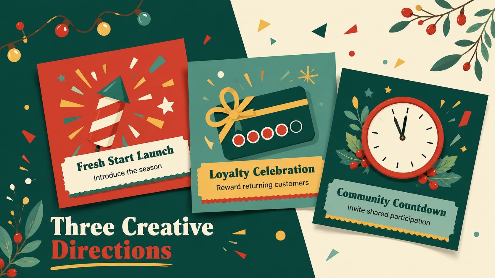 Red and green New Year slides layout showing campaign concepts for launch, loyalty, and community content.