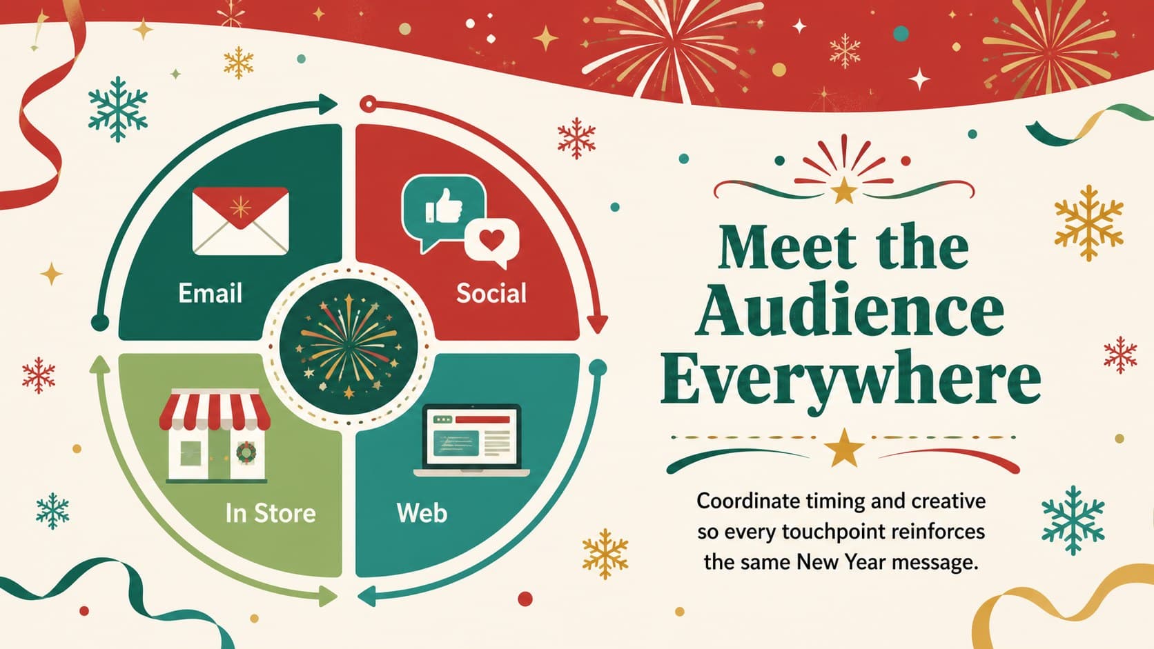 New Year promotional planning deck slide mapping email, social, web, and in-store campaign channels.