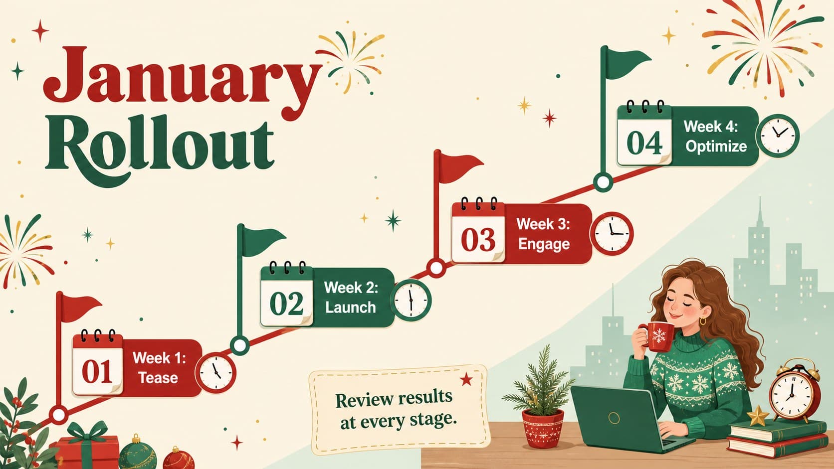 January campaign timeline slide with four weekly milestones and festive illustrated details.