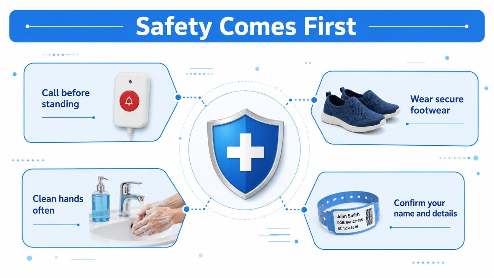Patient safety reminder slide with illustrated call, mobility, hygiene, and identification guidance.