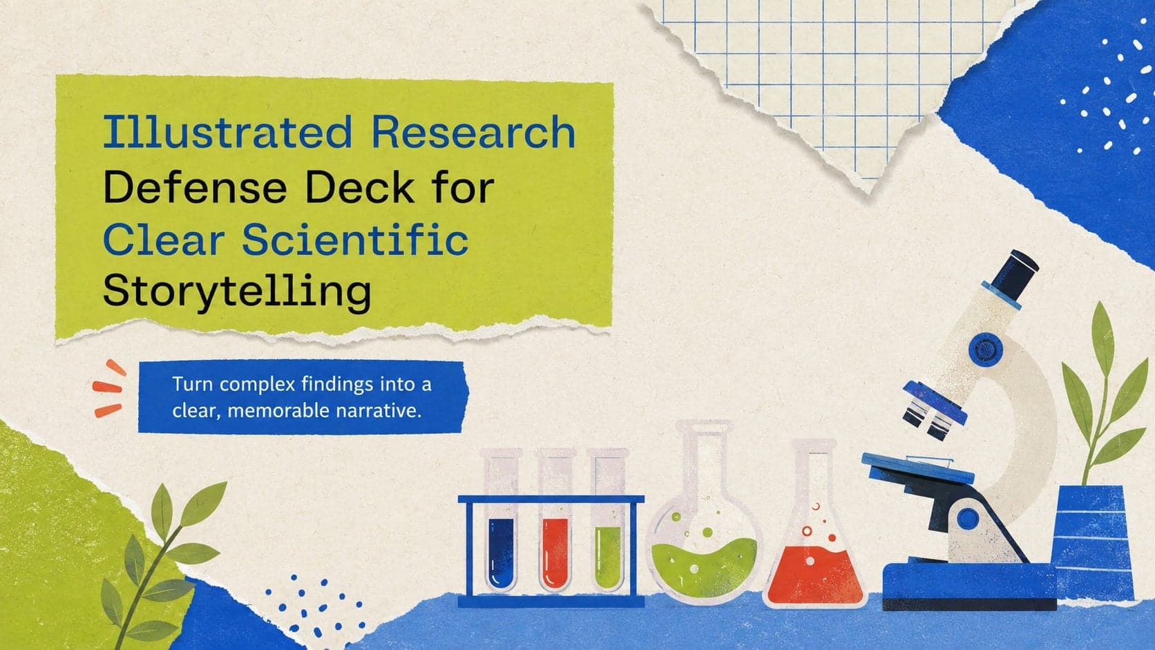 Cover of an illustrated research defense deck with paper textures, laboratory drawings, and green, blue, and red accents.