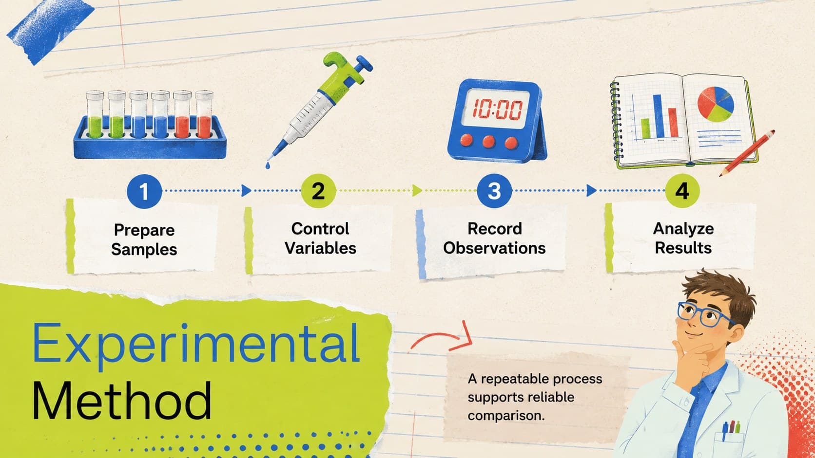 Scientific methodology slide showing a four-step experiment process with colorful laboratory illustrations.