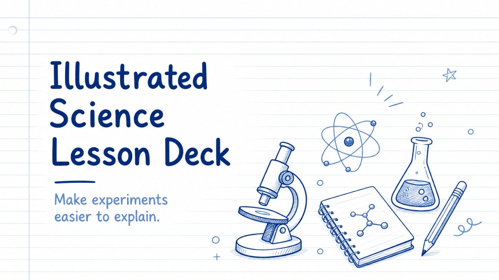 Cover slide for an illustrated science lesson deck with blue laboratory drawings on a white background.
