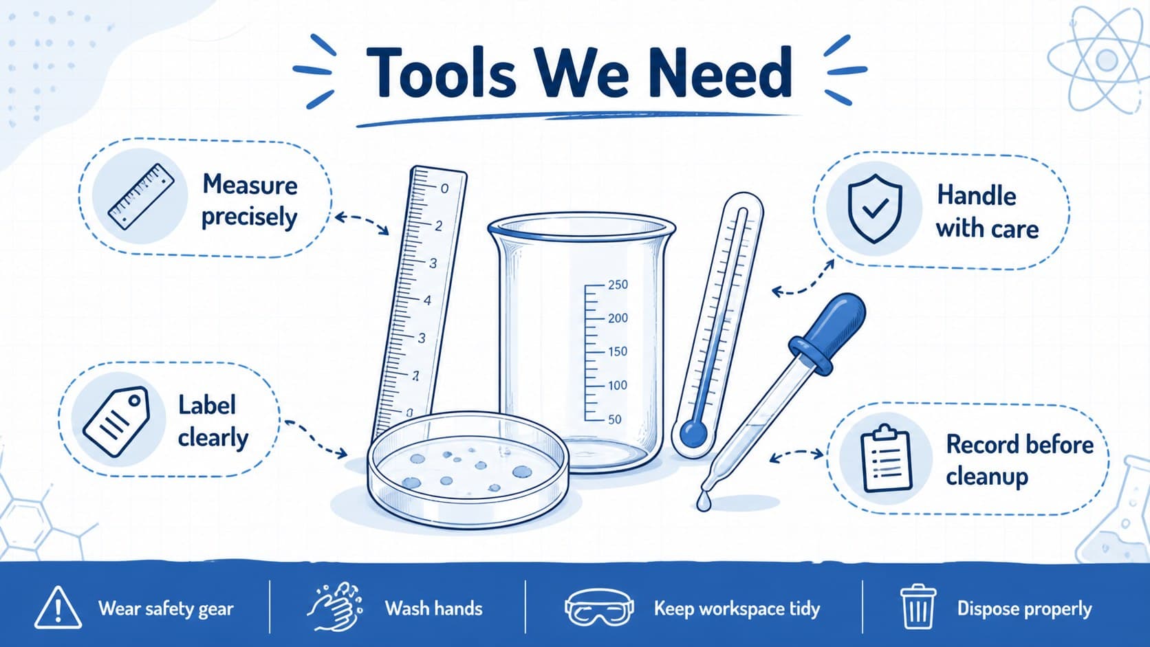 Lab equipment slide displaying blue illustrated tools with short explanations for a classroom experiment.