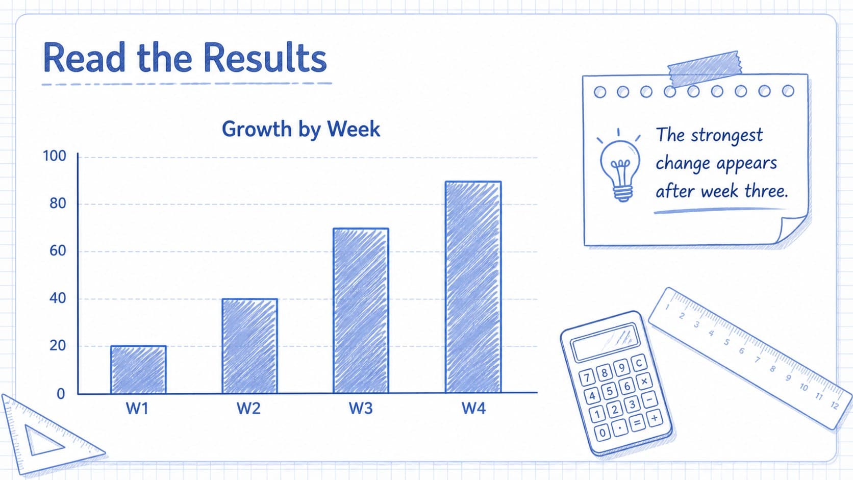 Data slide with an editable blue bar chart and illustrated notebook for a science project.