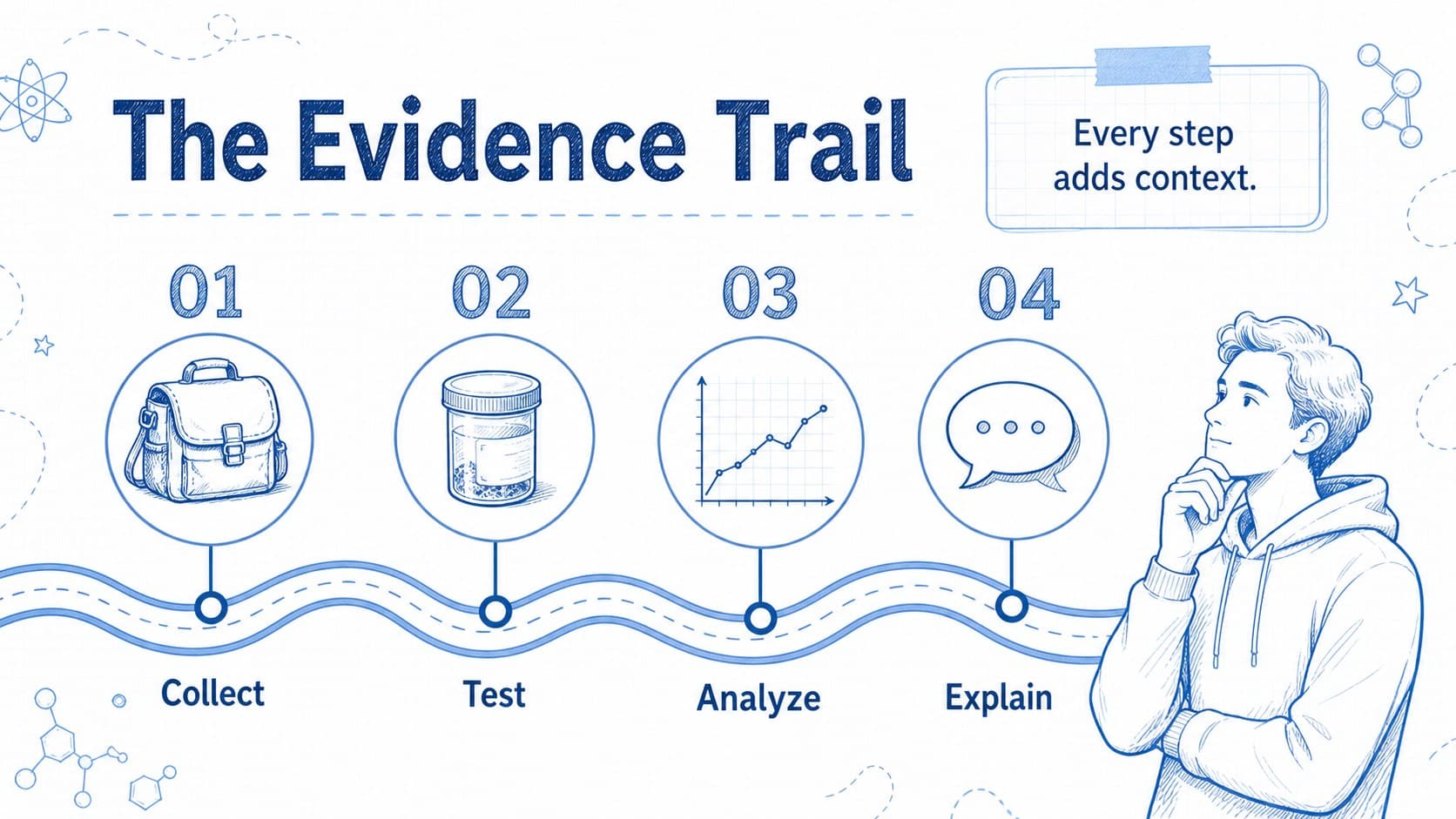 Process timeline slide showing a blue illustrated path from sample collection to final conclusion.