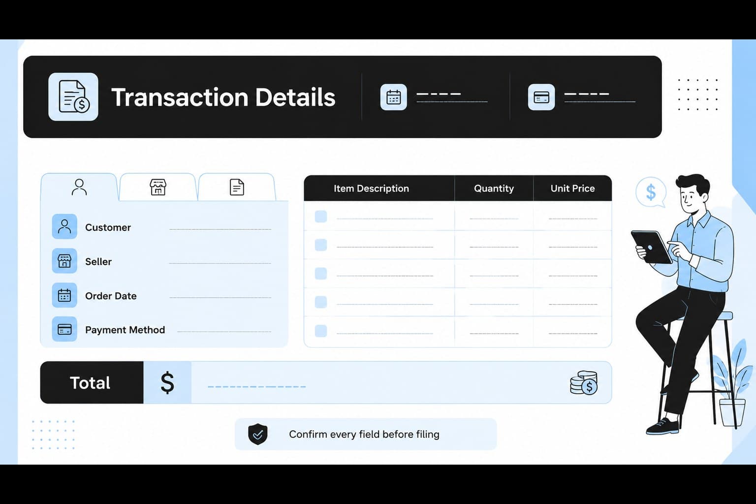 Editable transaction details slide showing customer, seller, item, quantity, and payment fields in a blue business layout.