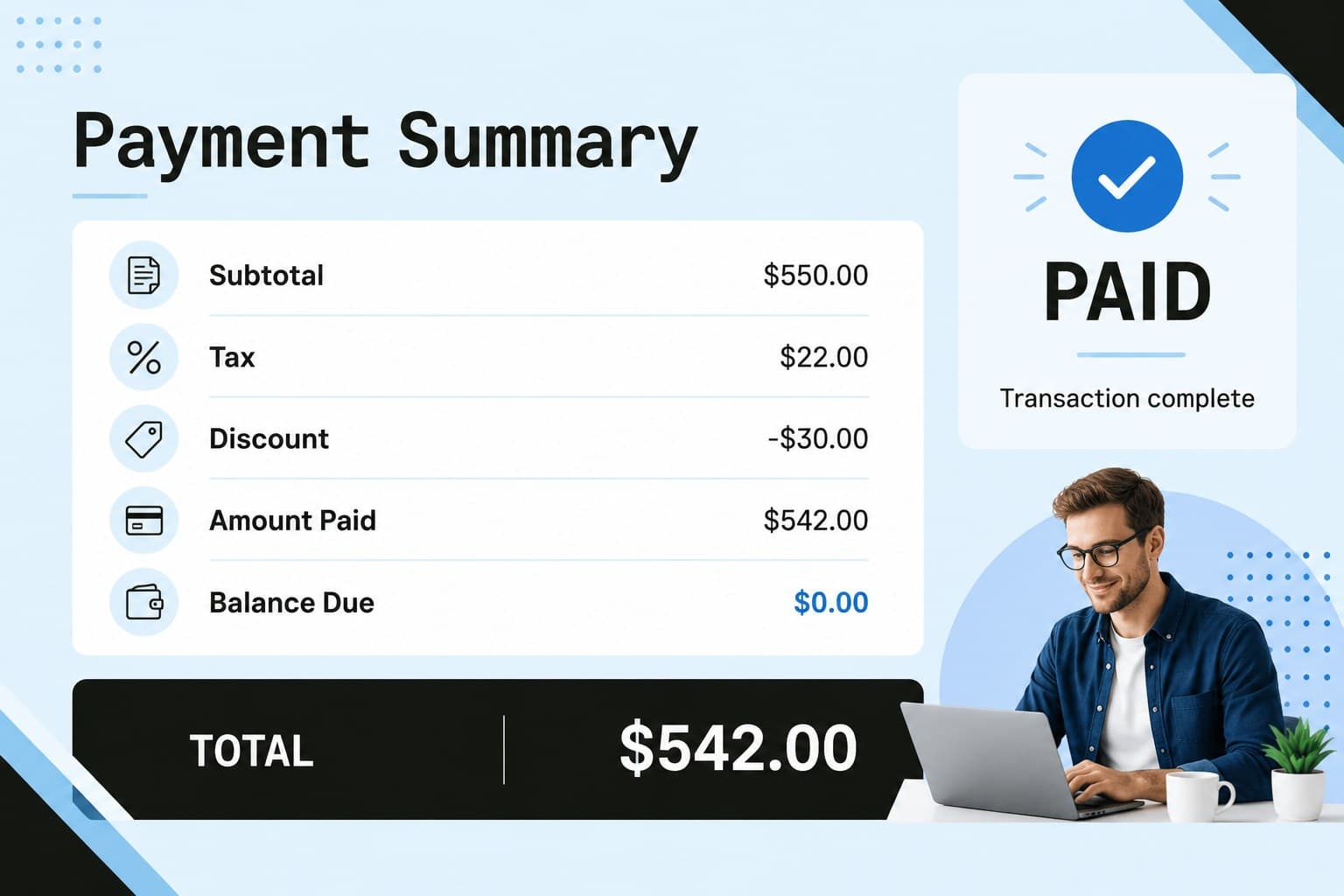 Payment summary slide with itemized charges, paid status, tax, and final total for a small business billing record.