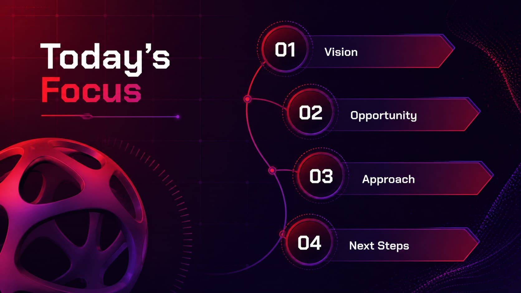 Agenda layout from an abstract 3D business presentation with four clearly numbered discussion topics.