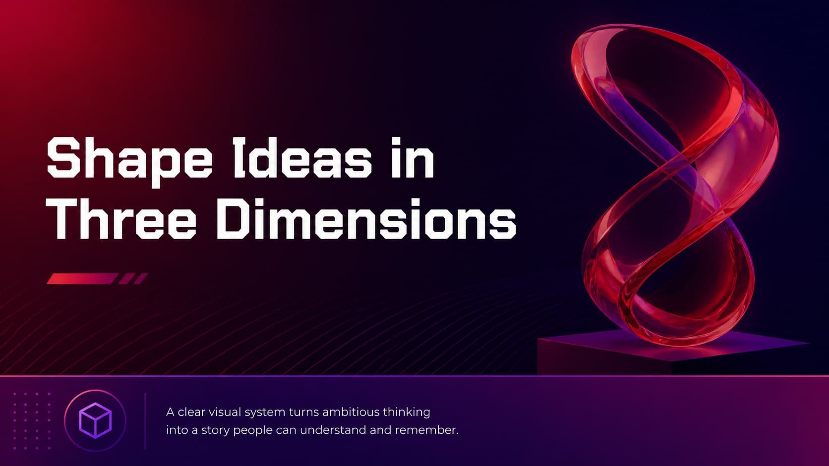 Vision statement slide in a red and purple 3D slide template featuring bold typography and an abstract form.