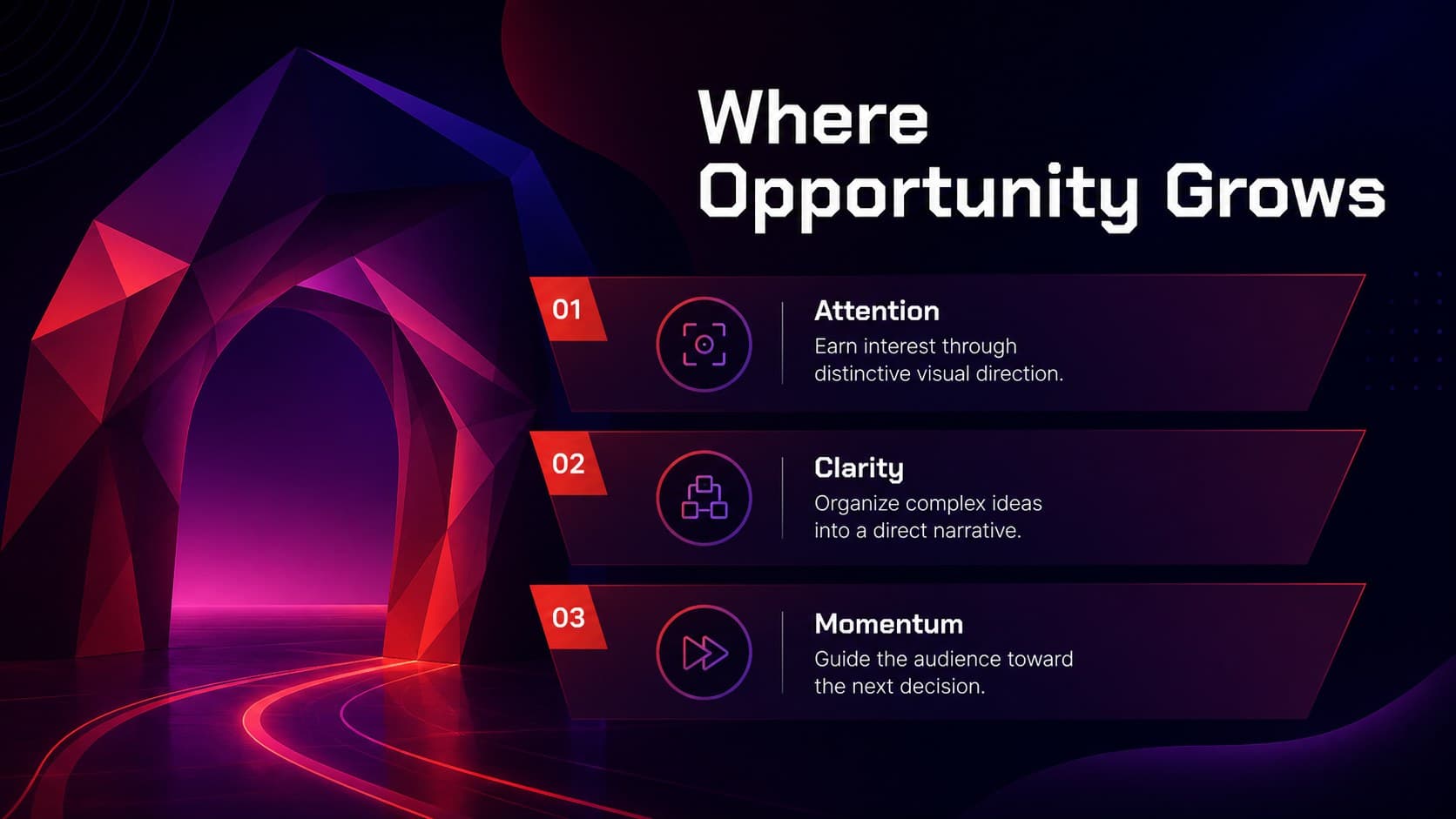 Opportunity overview from a modern gradient PowerPoint deck with three strategic content sections.