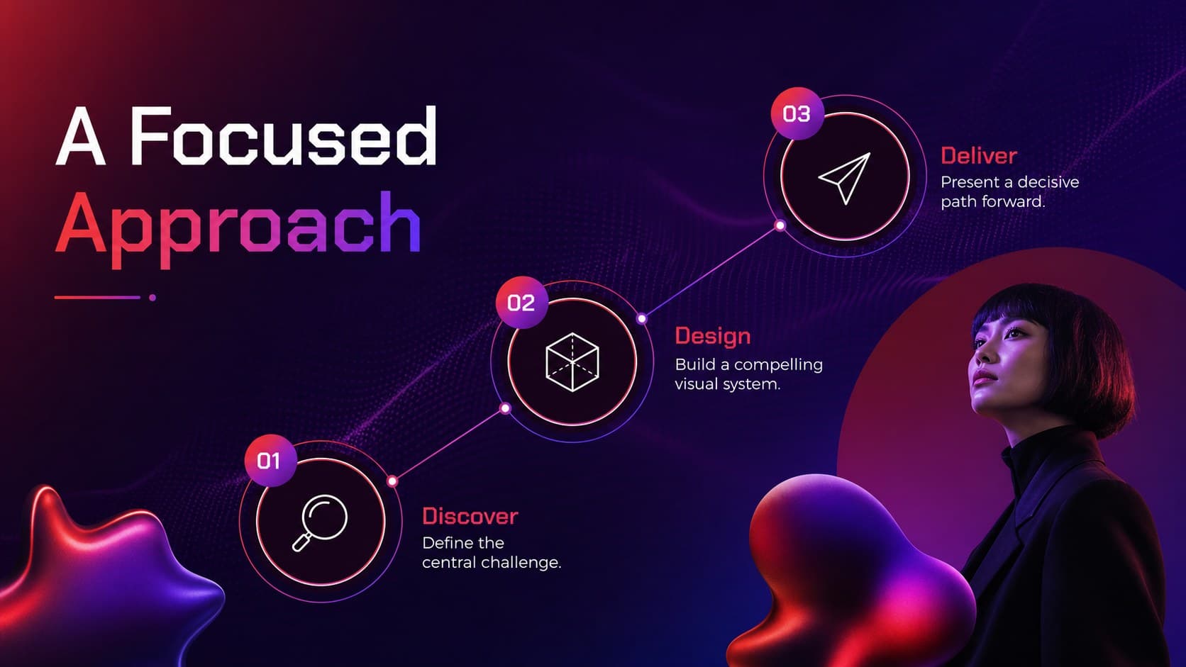 Three-part strategy slide for a futuristic proposal presentation using bold red and purple geometry.