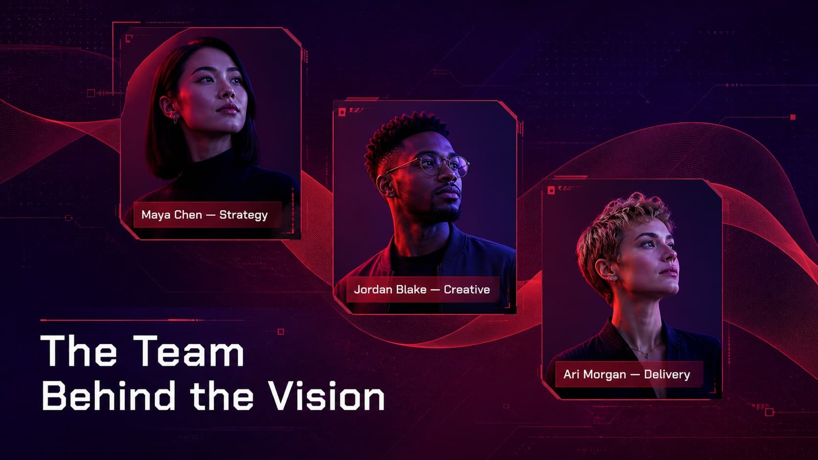 Team profile layout for a bold creative agency slide deck with three editable portrait areas.