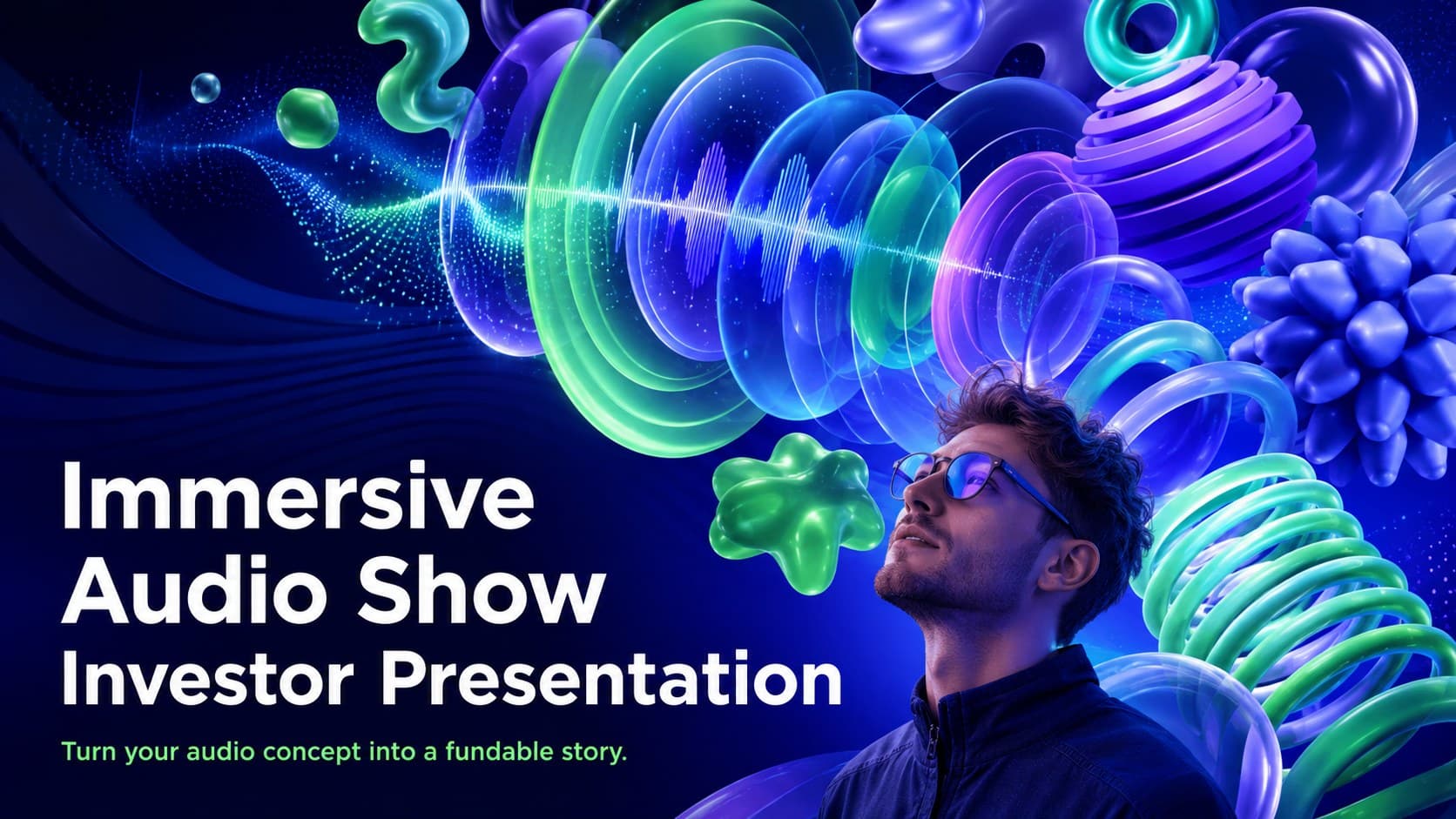 Immersive Audio Show Investor Presentation cover with vivid floating 3D forms in blue, green, and purple.