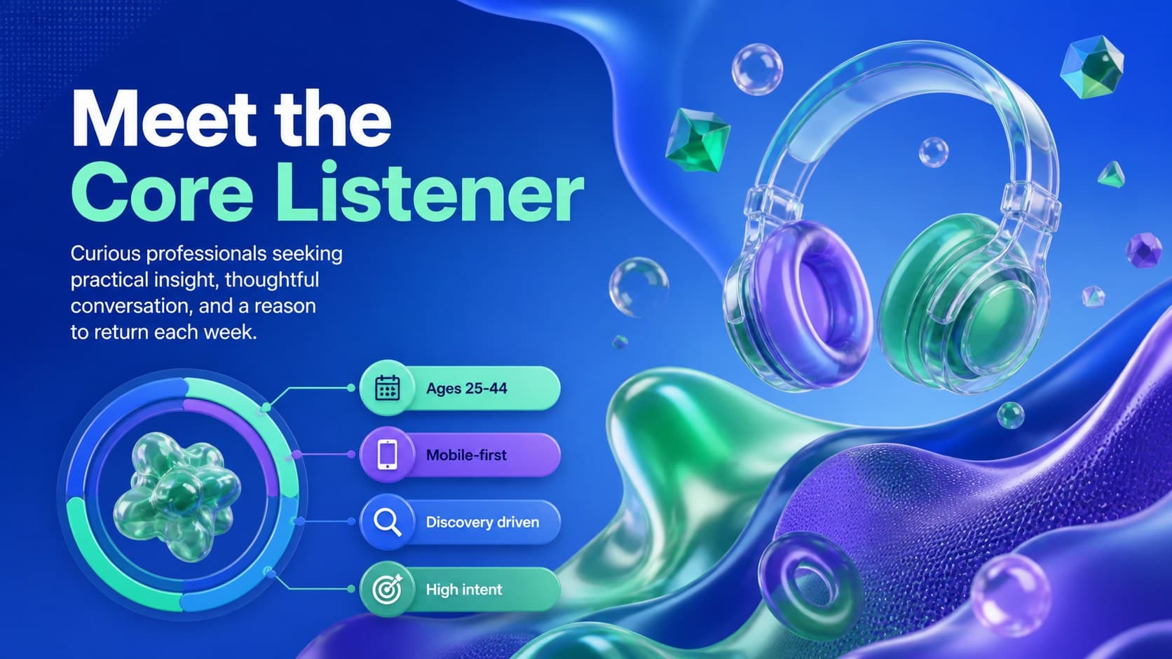 Podcast audience profile slide showing listener motivations, habits, and demographic insights.