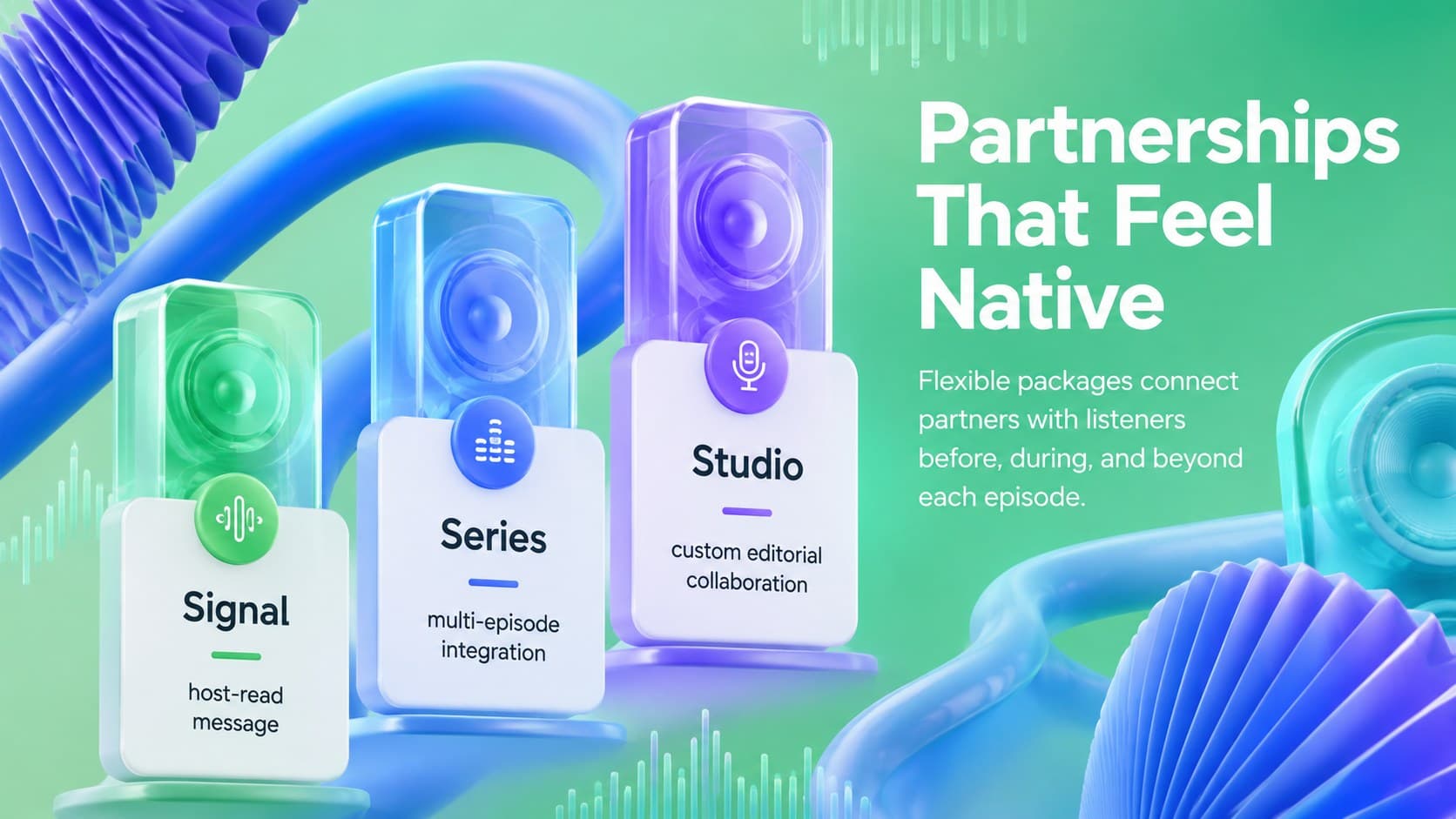 Podcast sponsorship pitch presentation slide comparing three flexible partner packages.