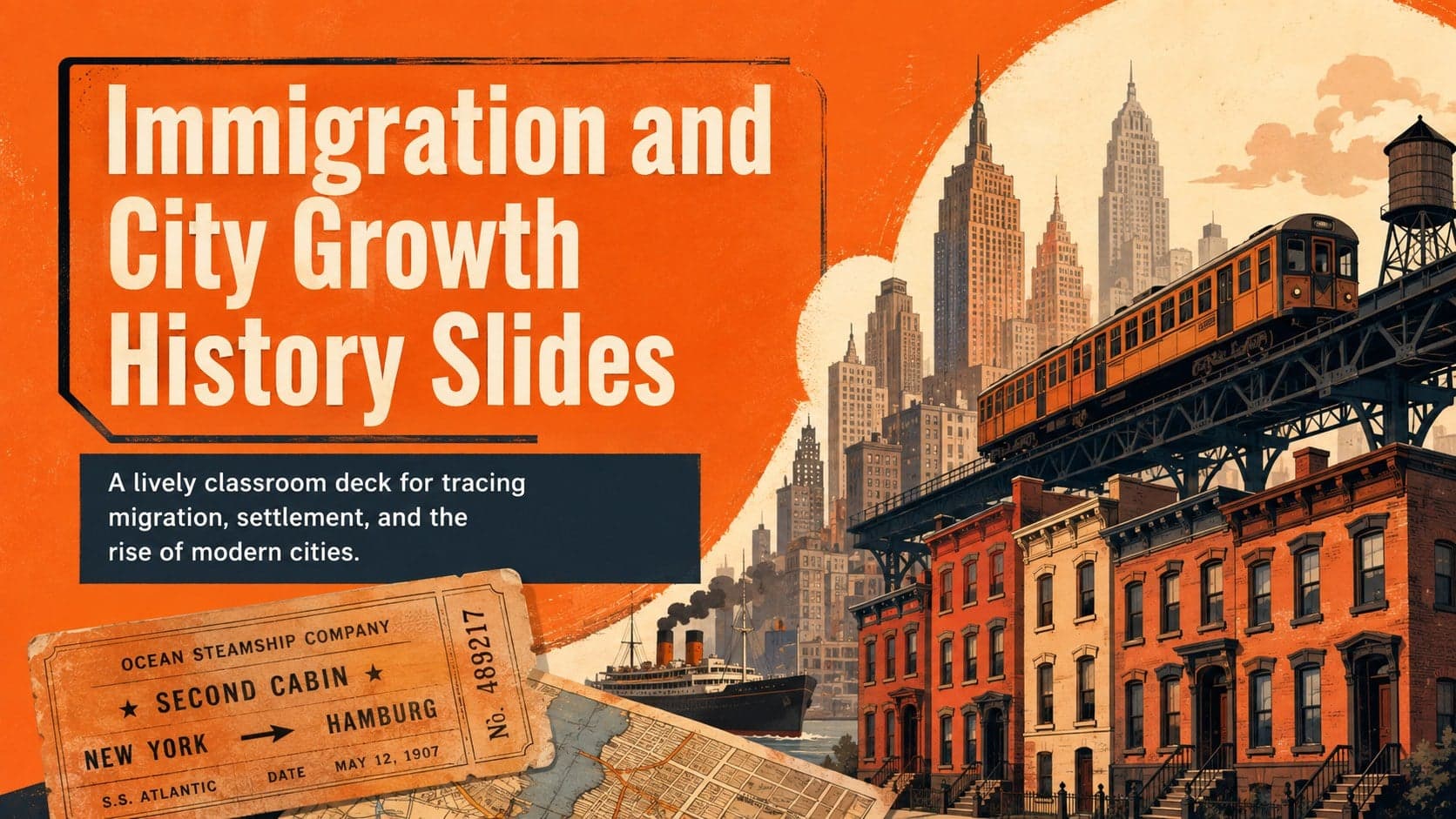 Cover of the Immigration and City Growth History Slides with an orange illustrated city and migration imagery.