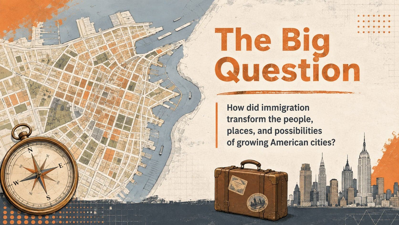 History lesson inquiry slide asking how immigration transformed growing American cities.