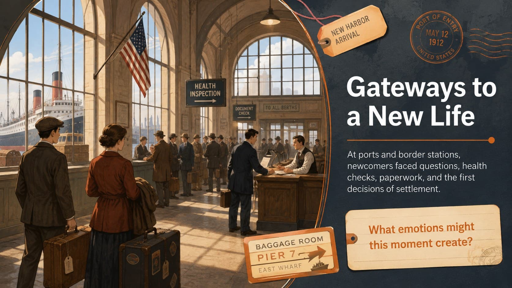 Immigration history slide explaining arrival gateways and the first steps toward settlement.