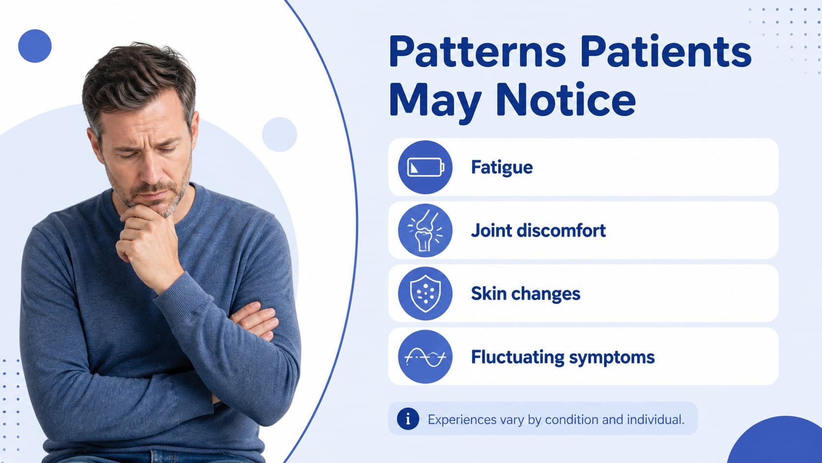 Slide comparing common autoimmune symptoms with blue icons and organized clinical notes.