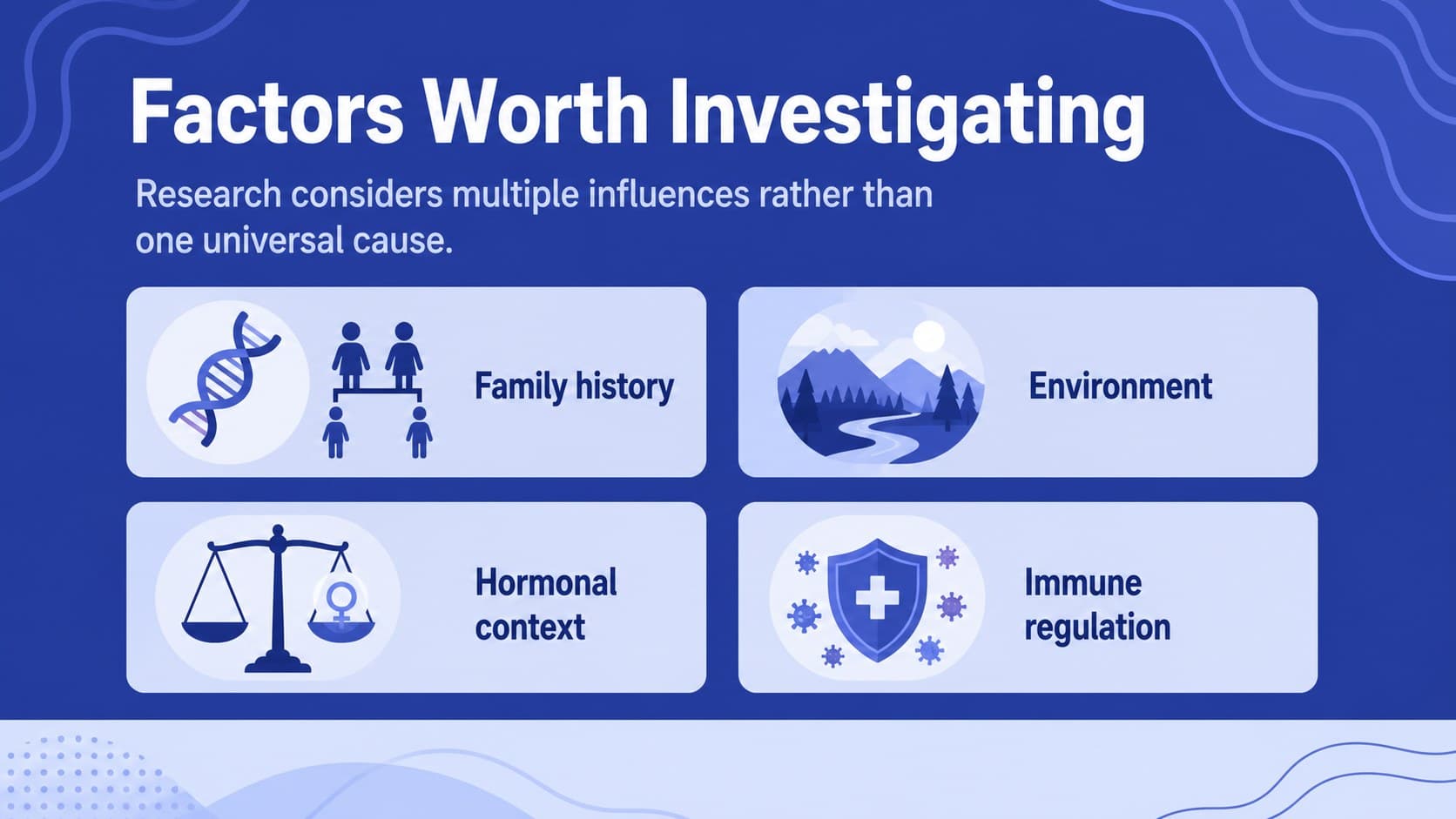 Risk factor slide for autoimmune conditions using blue illustrated icons and a clear evidence-focused layout.