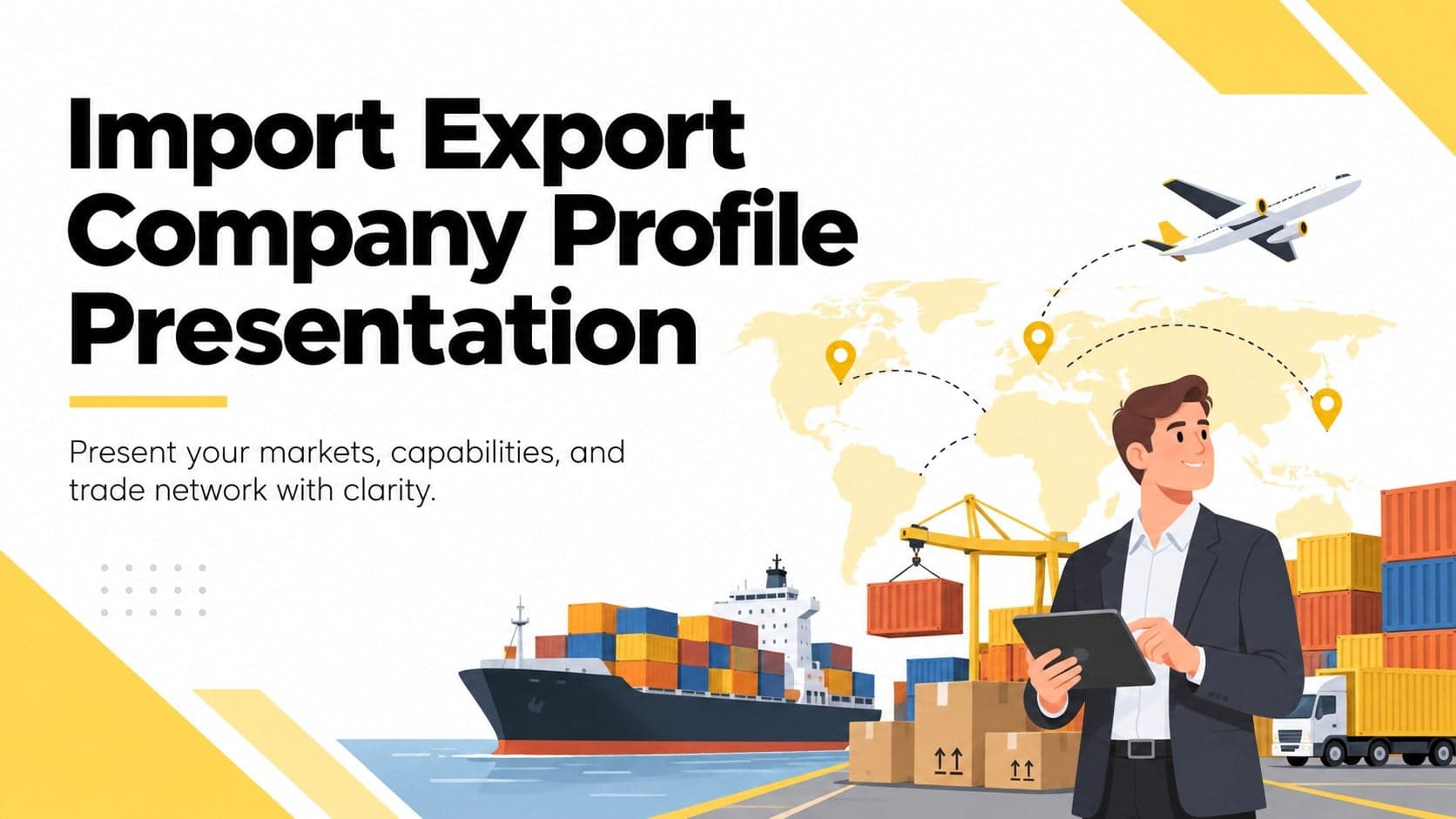 Cover of an import export company profile presentation with yellow trade illustrations on a clean white background.