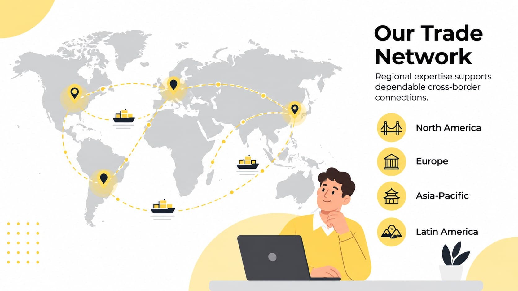Trade network presentation template with a world map highlighting regional commercial connections.