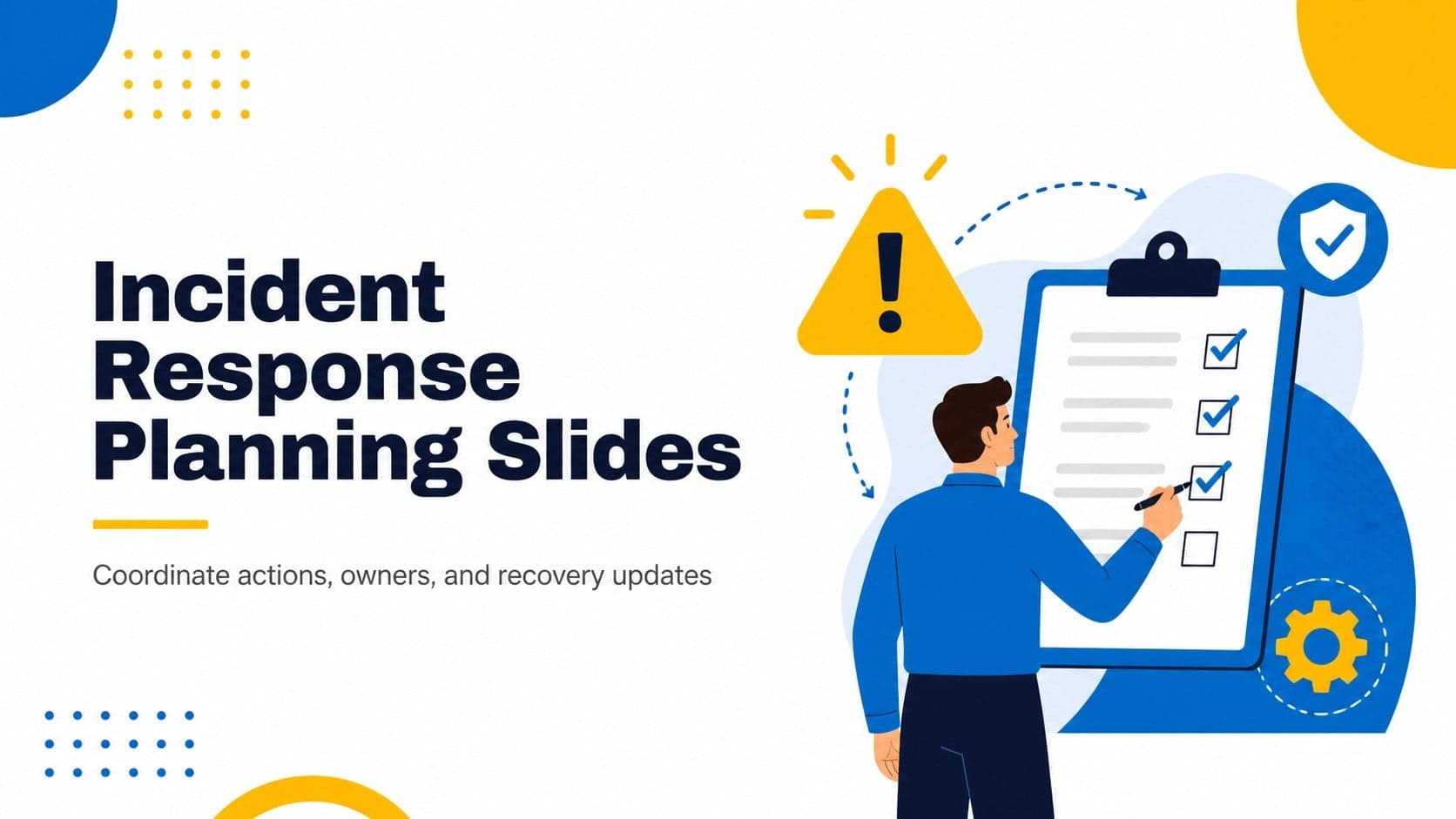 Cover slide introducing an incident response planning slides deck with bold blue and yellow emergency planning graphics.