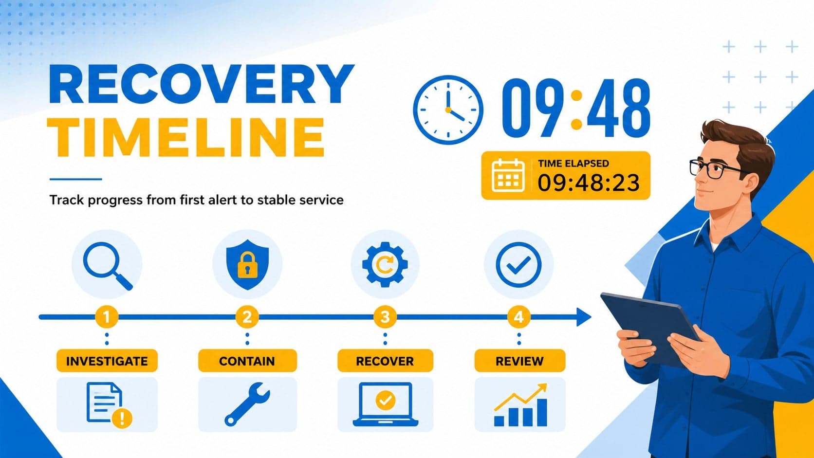 Response timeline slide showing investigation, containment, recovery, and review milestones.