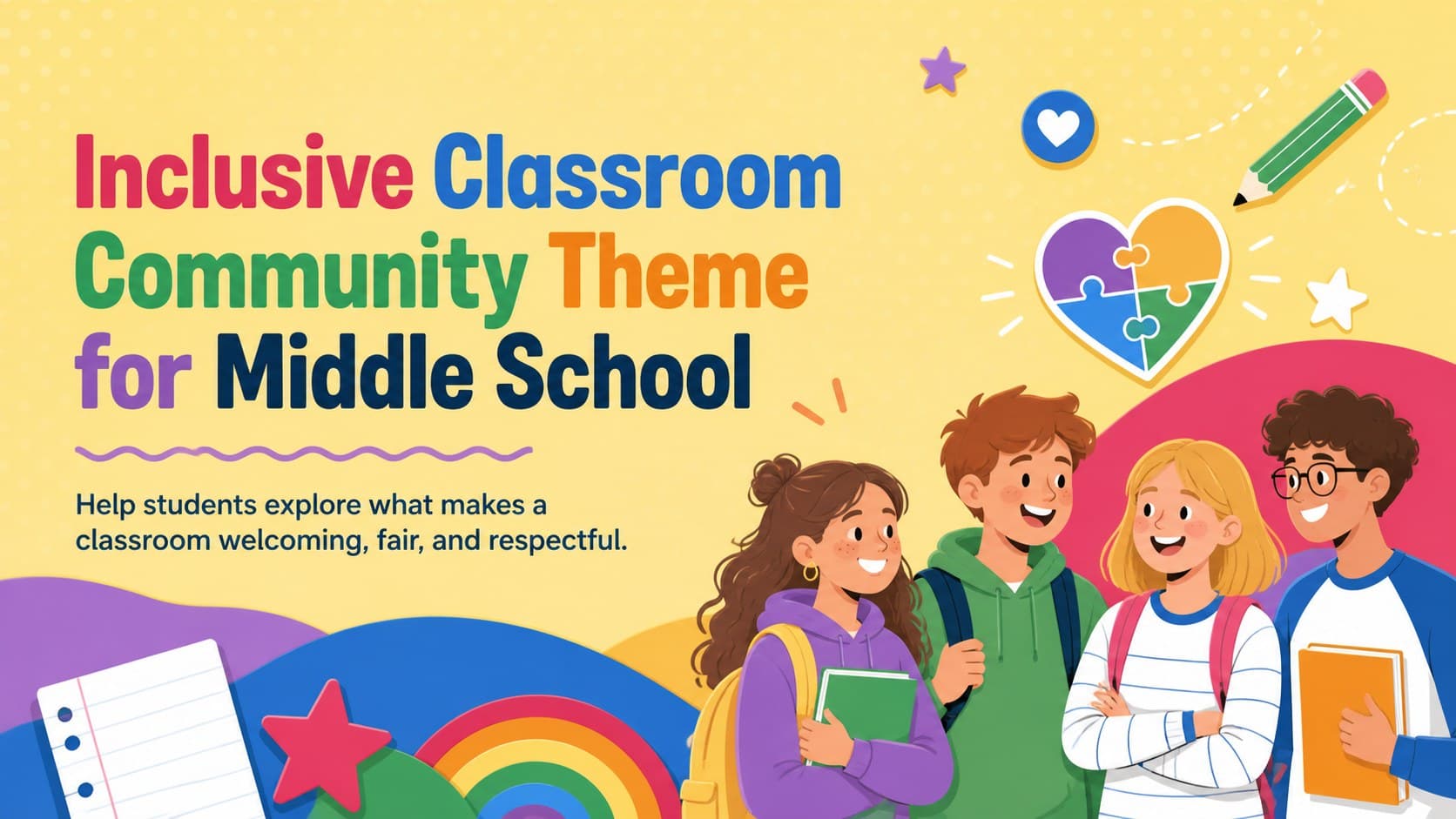 Cover for an inclusive classroom community theme with bright yellow shapes, rainbow accents, and original student illustrations.